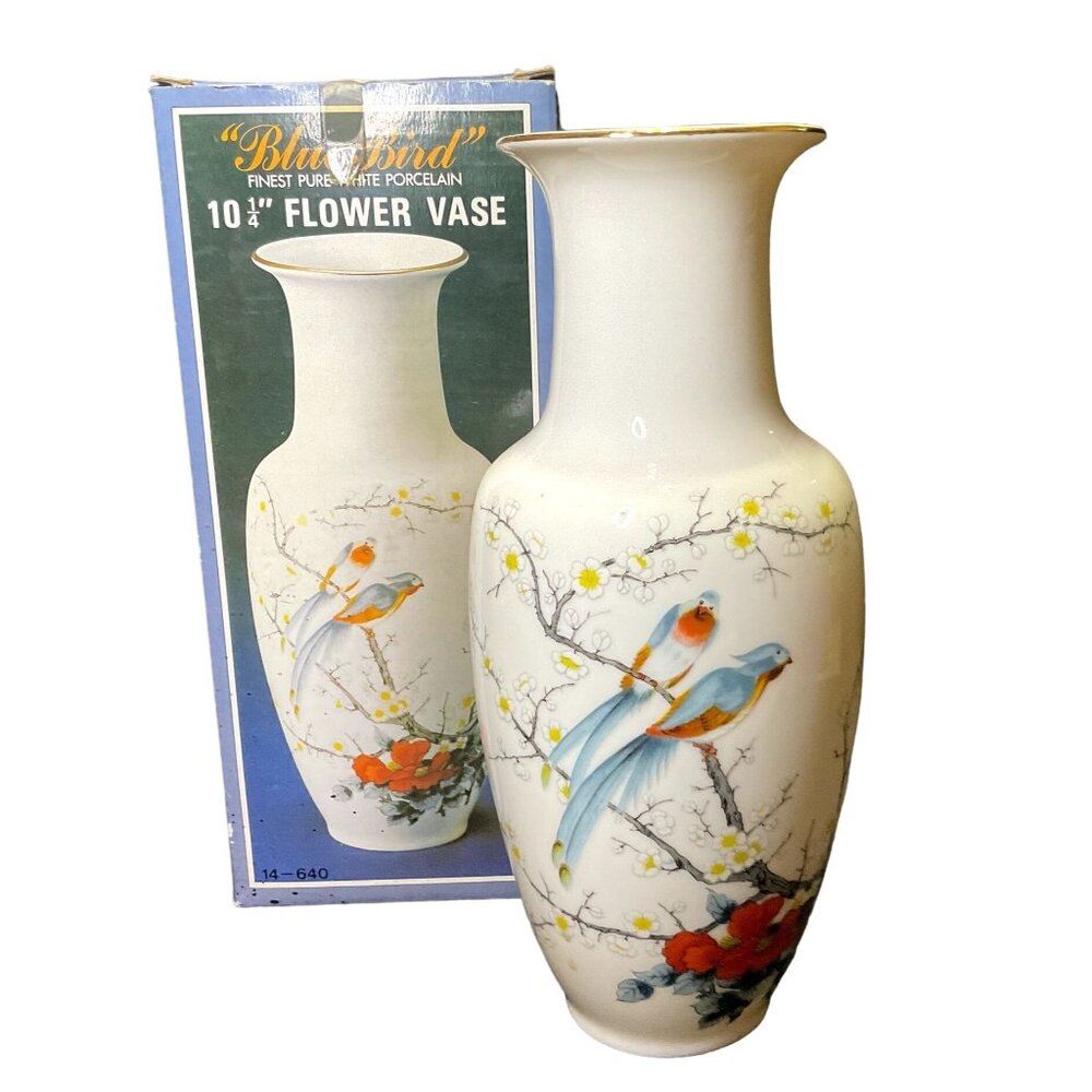 Blue Bird Fine White Porcelain Flower Vase Gold Paint Accent 10.25" Japan 1960s